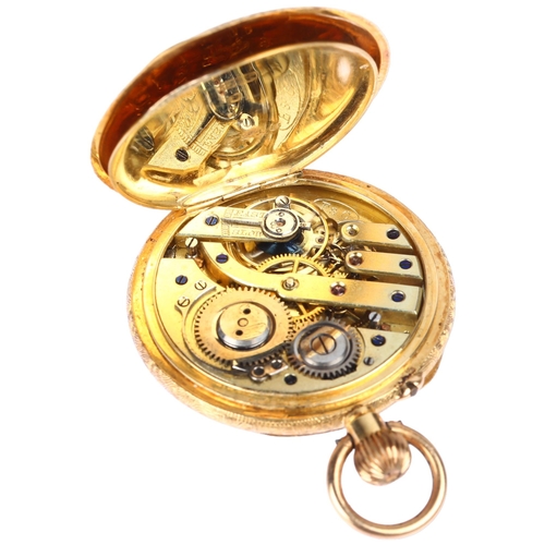 1054 - A Swiss 18ct gold open-face keyless fob watch, floral engraved gilt dial with Arabic numerals, blued... 