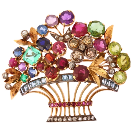 1106 - An exceptional tutti-frutti gem set giardinetto floral brooch, circa 1940s, the elaborate basket of ... 