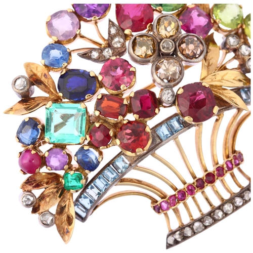 1106 - An exceptional tutti-frutti gem set giardinetto floral brooch, circa 1940s, the elaborate basket of ... 