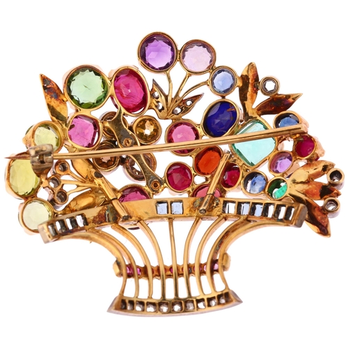 1106 - An exceptional tutti-frutti gem set giardinetto floral brooch, circa 1940s, the elaborate basket of ... 