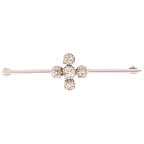 1107 - An Edwardian diamond quatrefoil bar brooch, plain unmarked white metal settings, claw set with old-c... 