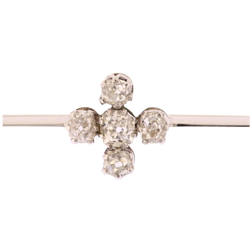 1107 - An Edwardian diamond quatrefoil bar brooch, plain unmarked white metal settings, claw set with old-c... 