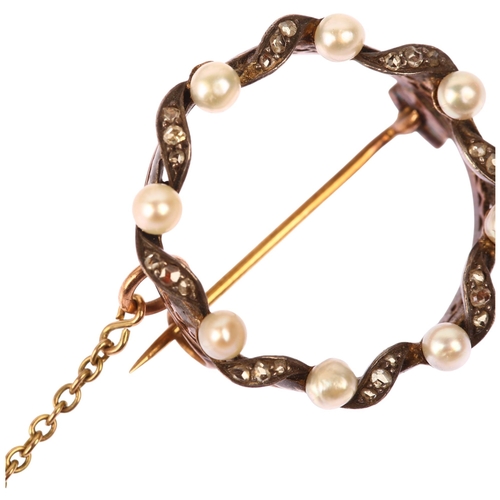 1110 - A Victorian whole pearl and diamond wreath brooch, circa 1900, unmarked gold and silver openwork set... 