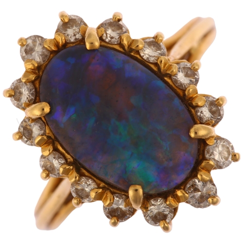 1111 - A modern 18ct gold black opal and diamond oval cluster ring, set with oval cabochon opal and modern ... 