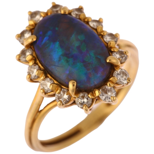 1111 - A modern 18ct gold black opal and diamond oval cluster ring, set with oval cabochon opal and modern ... 