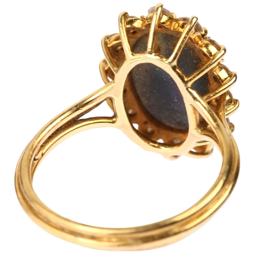 1111 - A modern 18ct gold black opal and diamond oval cluster ring, set with oval cabochon opal and modern ... 