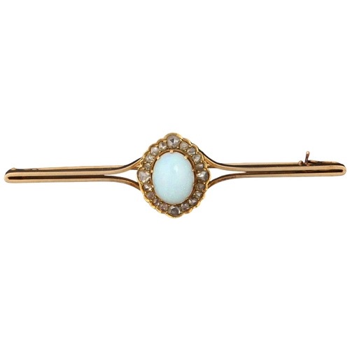 1112 - A Victorian 15ct gold opal and diamond cluster bar brooch, the central oval cluster claw set with ov... 