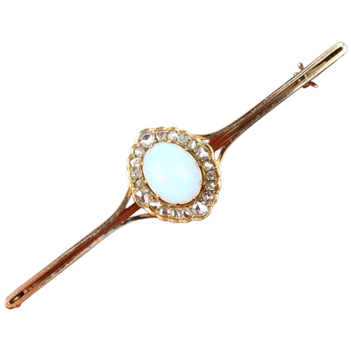 1112 - A Victorian 15ct gold opal and diamond cluster bar brooch, the central oval cluster claw set with ov... 