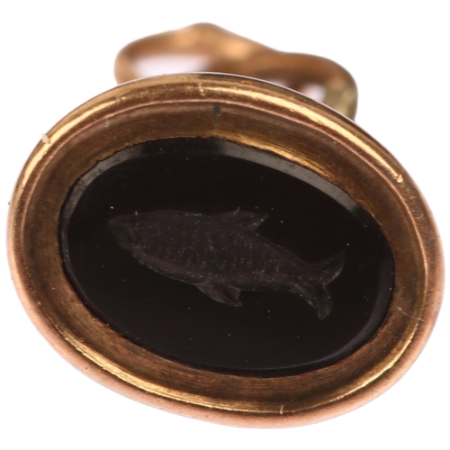 1114 - A Georgian miniature fish intaglio seal fob, in unmarked rose gold frame set with oval flat-top onyx... 