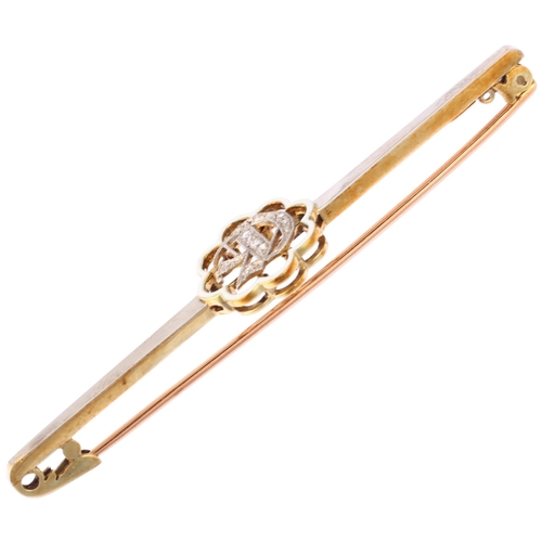 1116 - A Victorian 15ct gold enamel and diamond initial E bar brooch, circa 1880, the central openwork lobe... 