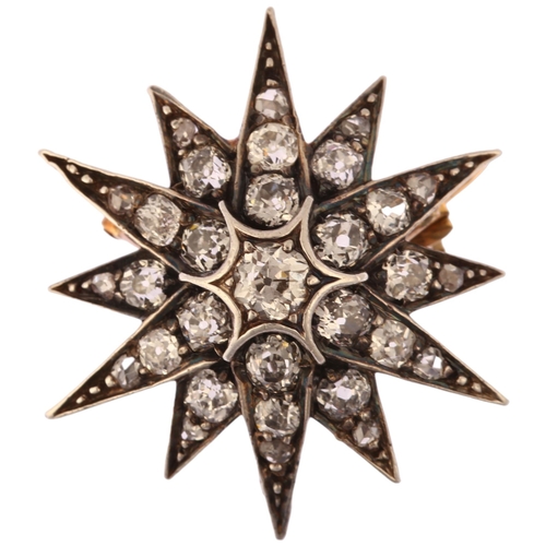 1117 - A Victorian diamond starburst brooch, circa 1880, the unmarked gold and silver frame set with old an... 