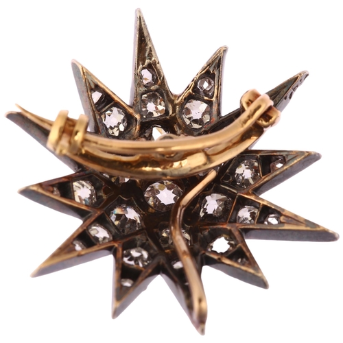 1117 - A Victorian diamond starburst brooch, circa 1880, the unmarked gold and silver frame set with old an... 