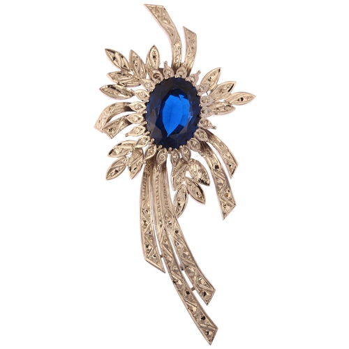 1118 - A mid-20th century synthetic blue spinel and diamond floral spray brooch, unmarked 18ct white gold s... 