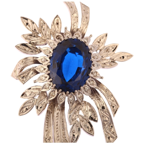 1118 - A mid-20th century synthetic blue spinel and diamond floral spray brooch, unmarked 18ct white gold s... 