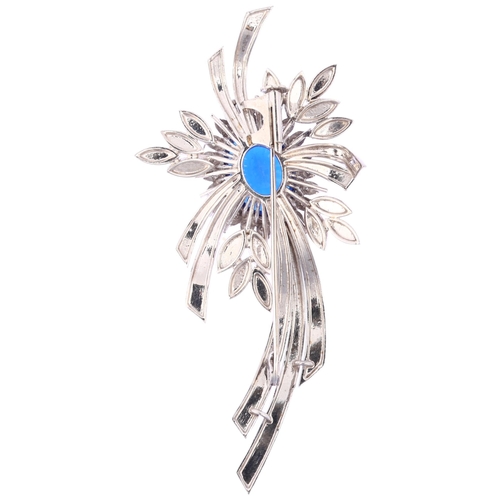 1118 - A mid-20th century synthetic blue spinel and diamond floral spray brooch, unmarked 18ct white gold s... 