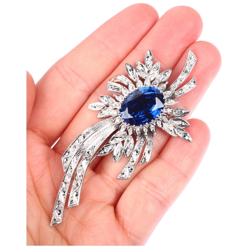 1118 - A mid-20th century synthetic blue spinel and diamond floral spray brooch, unmarked 18ct white gold s... 