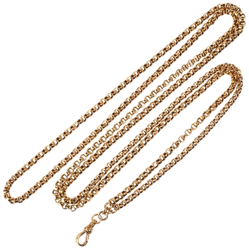 1119 - An Antique 9ct gold belcher link long guard chain, with 9ct dog clip, maker's mark JM, 120cm, 32.5g