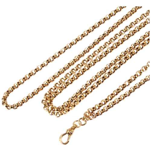 1119 - An Antique 9ct gold belcher link long guard chain, with 9ct dog clip, maker's mark JM, 120cm, 32.5g