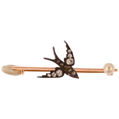 1120 - A Victorian pearl and diamond figural swallow bird bar brooch, unmarked gold and silver settings wit... 