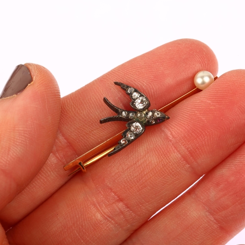 1120 - A Victorian pearl and diamond figural swallow bird bar brooch, unmarked gold and silver settings wit... 