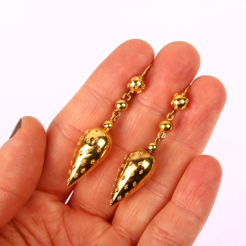 1123 - A pair of Victorian Etruscan Revival drop earrings, unmarked gold settings with applied ball decorat... 