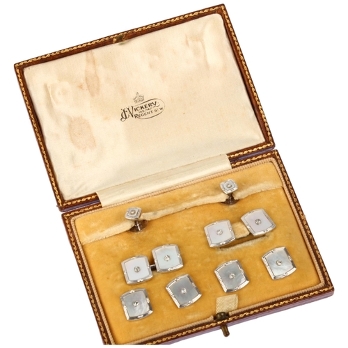 1126 - An Art Deco 9ct white gold platinum mother-of-pearl and diamond dress set, JC Vickery of Regent Stre... 