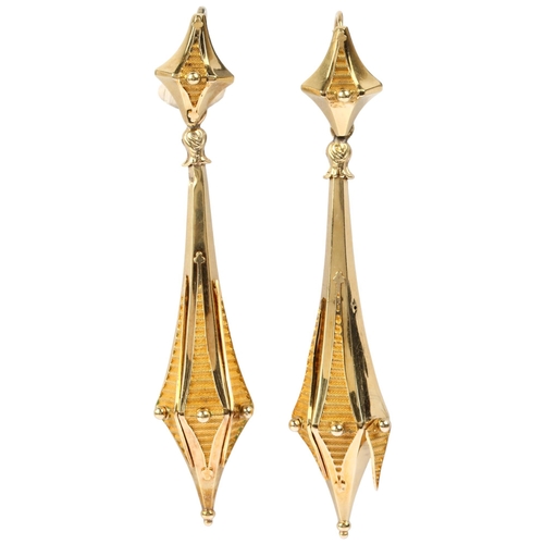 1129 - A pair of Regency torpedo drop earrings, circa 1830, unmarked gold settings with hexagonal bulbous d... 