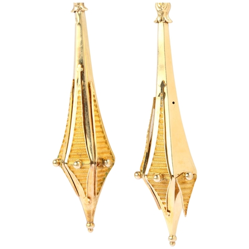 1129 - A pair of Regency torpedo drop earrings, circa 1830, unmarked gold settings with hexagonal bulbous d... 