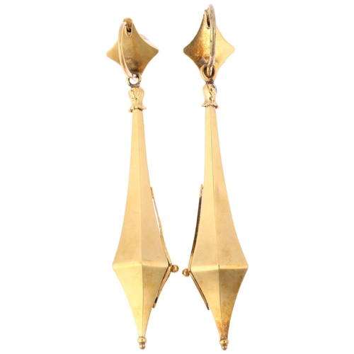 1129 - A pair of Regency torpedo drop earrings, circa 1830, unmarked gold settings with hexagonal bulbous d... 