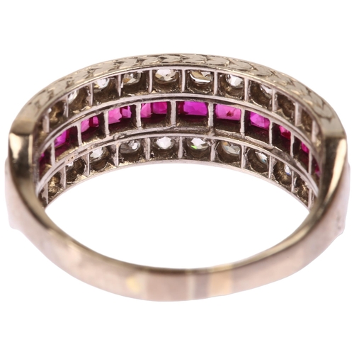 1131 - An Art Deco 18ct white gold ruby and diamond triple-row half eternity ring, circa 1925, channel and ... 