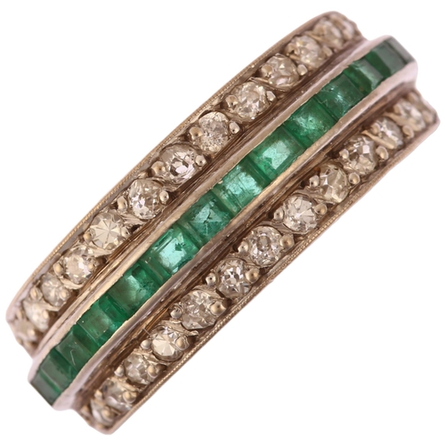 1132 - An Art Deco 18ct white gold emerald and diamond triple-row half eternity ring, circa 1925, channel a... 