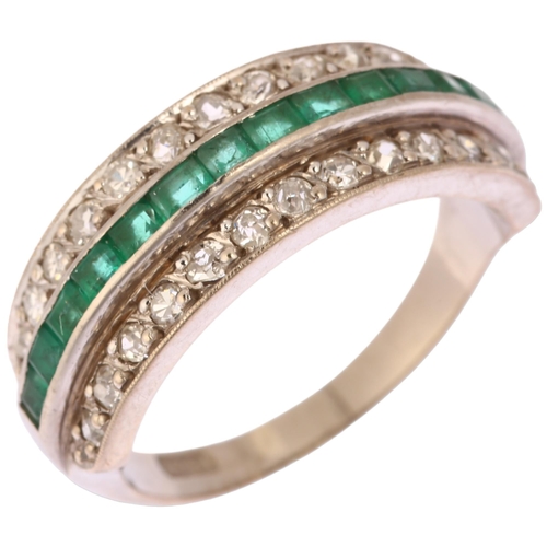 1132 - An Art Deco 18ct white gold emerald and diamond triple-row half eternity ring, circa 1925, channel a... 