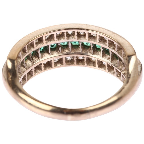 1132 - An Art Deco 18ct white gold emerald and diamond triple-row half eternity ring, circa 1925, channel a... 