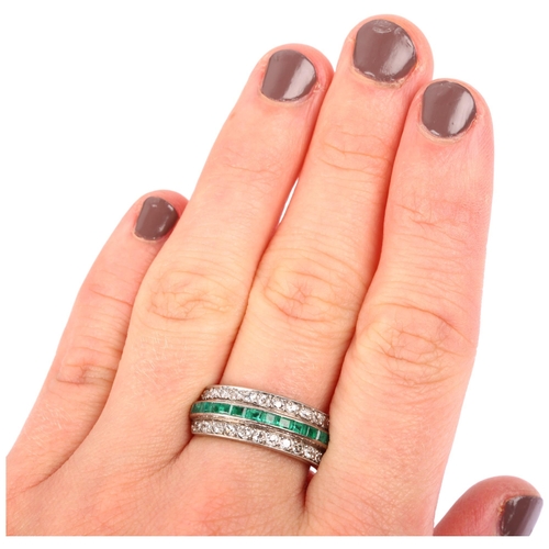 1132 - An Art Deco 18ct white gold emerald and diamond triple-row half eternity ring, circa 1925, channel a... 