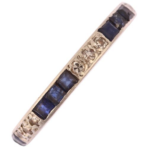 1135 - An Art Deco sapphire and diamond full eternity ring, unmarked white metal settings with calibre-cut ... 