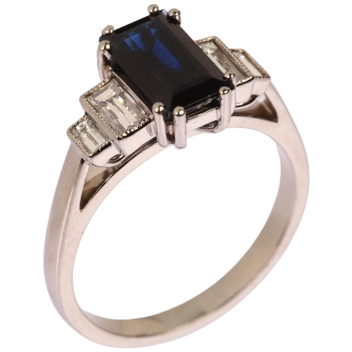 1140 - A platinum five stone sapphire and diamond ring, prong set with 1.6ct rectangular step-cut sapphire ... 