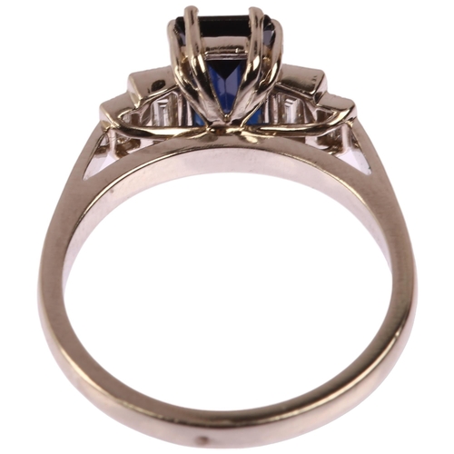 1140 - A platinum five stone sapphire and diamond ring, prong set with 1.6ct rectangular step-cut sapphire ... 