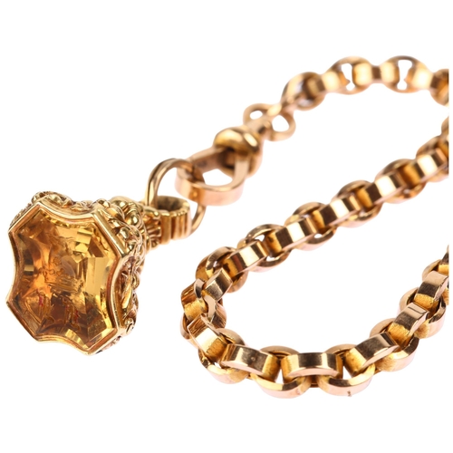 1143 - An Antique 9ct rose gold belcher link Albert chain necklace, with 19th century citrine intaglio fob ... 