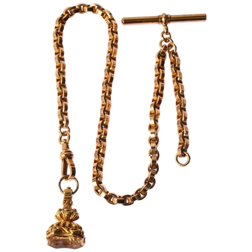 1143 - An Antique 9ct rose gold belcher link Albert chain necklace, with 19th century citrine intaglio fob ... 