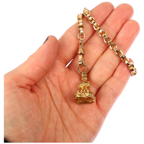 1143 - An Antique 9ct rose gold belcher link Albert chain necklace, with 19th century citrine intaglio fob ... 