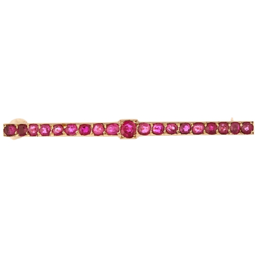 1148 - A Victorian ruby line bar brooch, unmarked gold settings, pave set with round-cut rubies, 51.8mm, 3.... 