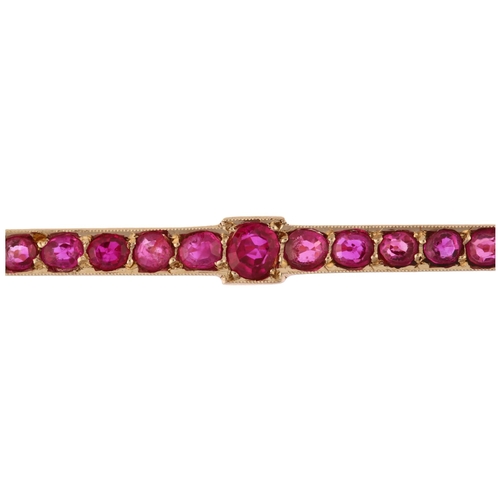 1148 - A Victorian ruby line bar brooch, unmarked gold settings, pave set with round-cut rubies, 51.8mm, 3.... 