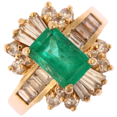 1149 - A 14ct gold emerald and diamond ballerina cluster ring, prong set with 1.38ct rectangular step-cut e... 