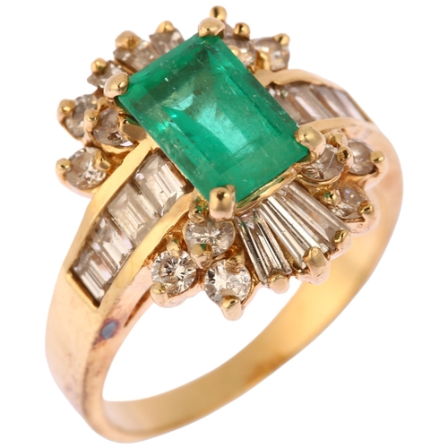 1149 - A 14ct gold emerald and diamond ballerina cluster ring, prong set with 1.38ct rectangular step-cut e... 