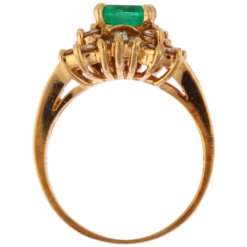 1149 - A 14ct gold emerald and diamond ballerina cluster ring, prong set with 1.38ct rectangular step-cut e... 