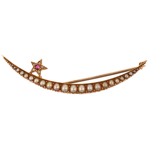 1150 - A large Victorian ruby pearl and diamond crescent moon and star brooch, circa 1900, unmarked gold se... 