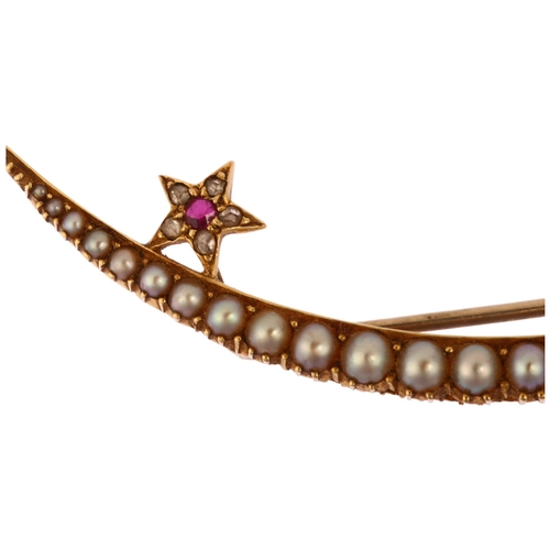 1150 - A large Victorian ruby pearl and diamond crescent moon and star brooch, circa 1900, unmarked gold se... 