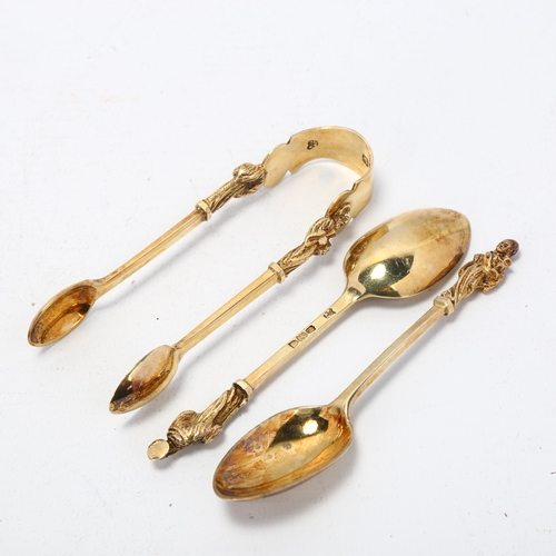 1687 - A set of 12 Victorian silver parcel-gilt Apostle teaspoons and matching sugar tongs, Wakely & Wheele... 