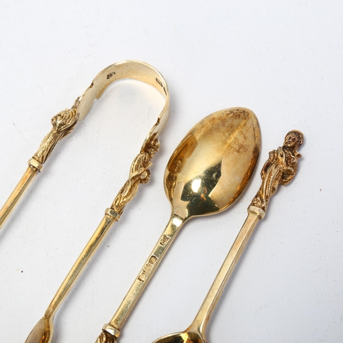 1687 - A set of 12 Victorian silver parcel-gilt Apostle teaspoons and matching sugar tongs, Wakely & Wheele... 