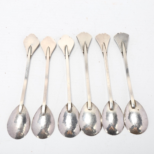 1688 - A set of 6 Arts and Crafts silver gem set teaspoons, shaped terminals with planished bowls, apparent... 